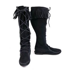 Minnetonka Black Suede Knee Tall Lace Up Boots 8